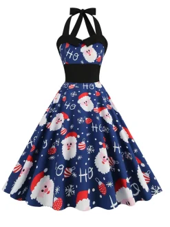 Clearance Retro Stage 1950s Christmas Santa Claus Lace-Up Halter Dress