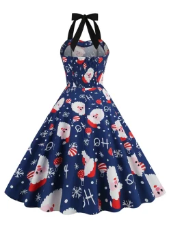 Clearance Retro Stage 1950s Christmas Santa Claus Lace-Up Halter Dress