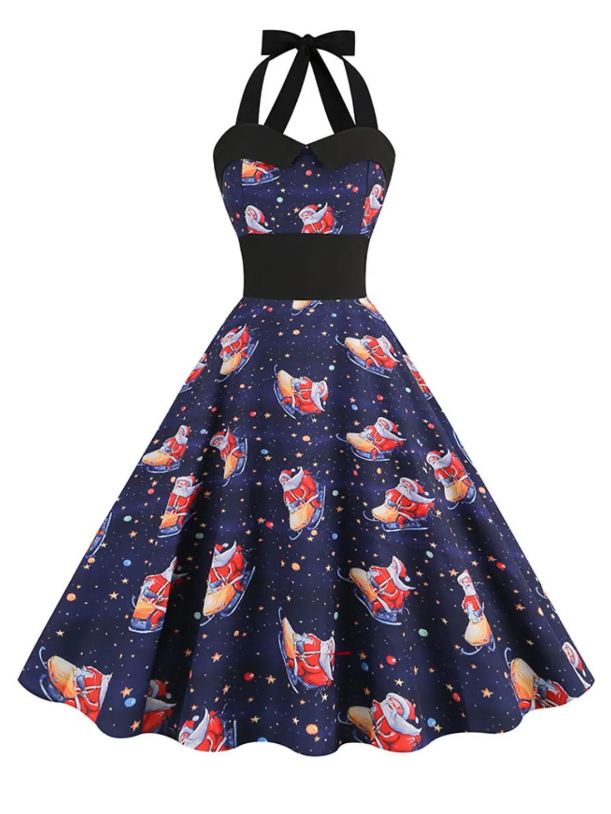 Clearance Retro Stage 1950s Christmas Santa Claus Lace-Up Halter Dress