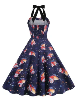 Clearance Retro Stage 1950s Christmas Santa Claus Lace-Up Halter Dress