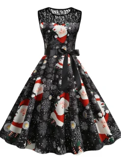 Best Retro Stage 1950s Christmas Santa Claus Lace Patchwork Dress Black