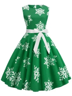 Sale Retro Stage 1950s Christmas Snowflake Sleeveless Belted Dress
