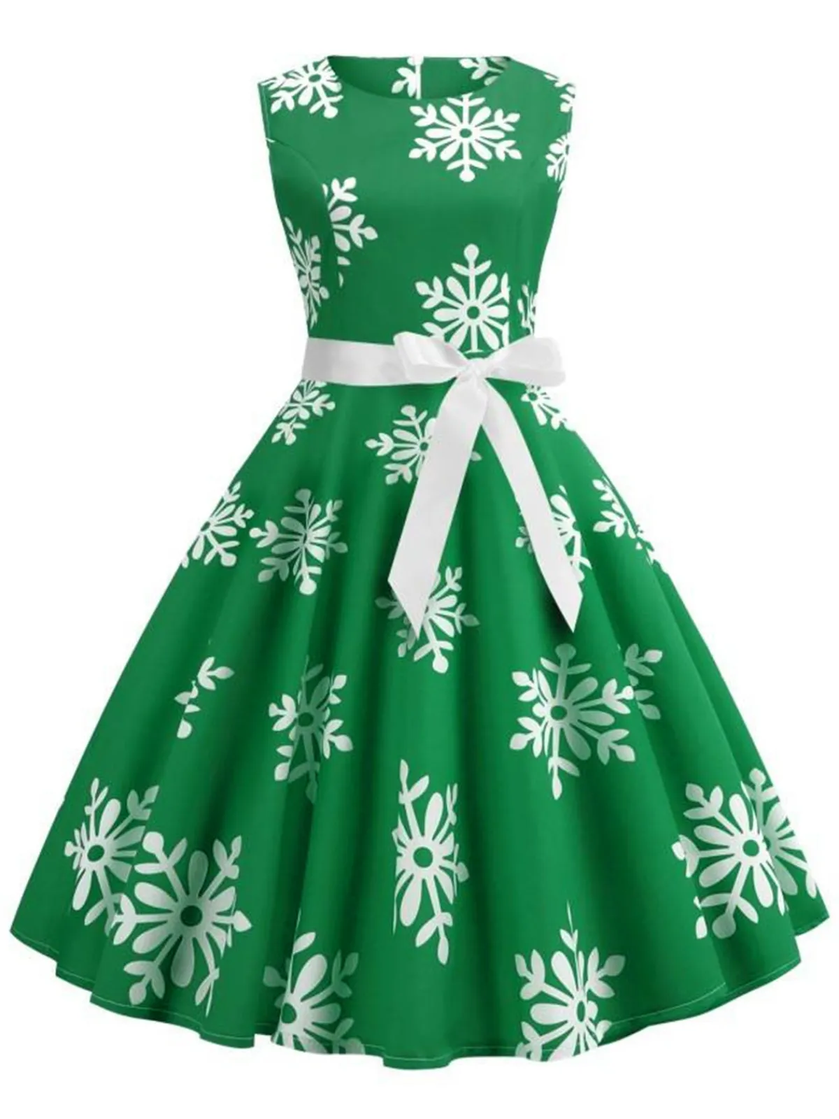 Sale Retro Stage 1950s Christmas Snowflake Sleeveless Belted Dress