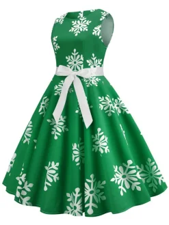 Sale Retro Stage 1950s Christmas Snowflake Sleeveless Belted Dress