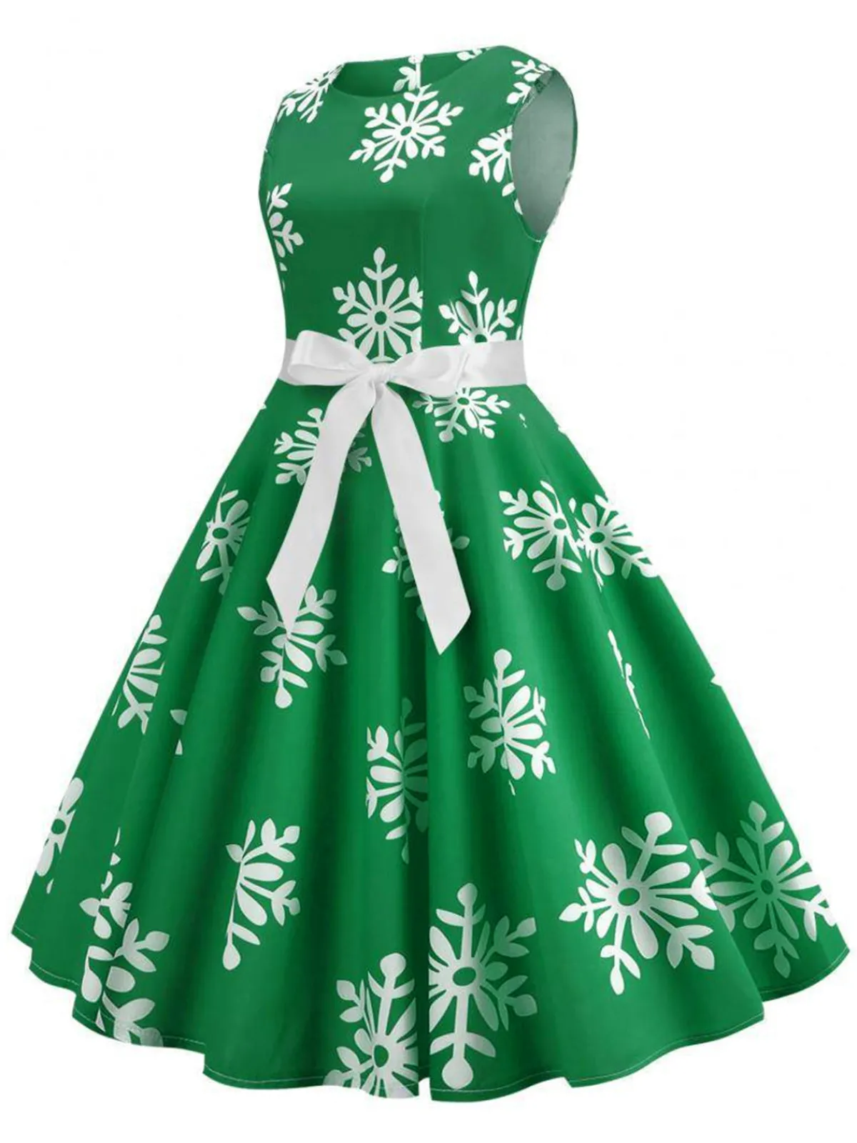 Sale Retro Stage 1950s Christmas Snowflake Sleeveless Belted Dress