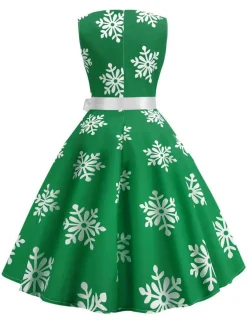 Sale Retro Stage 1950s Christmas Snowflake Sleeveless Belted Dress