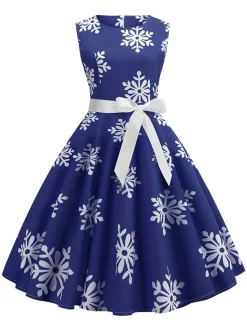 Sale Retro Stage 1950s Christmas Snowflake Sleeveless Belted Dress