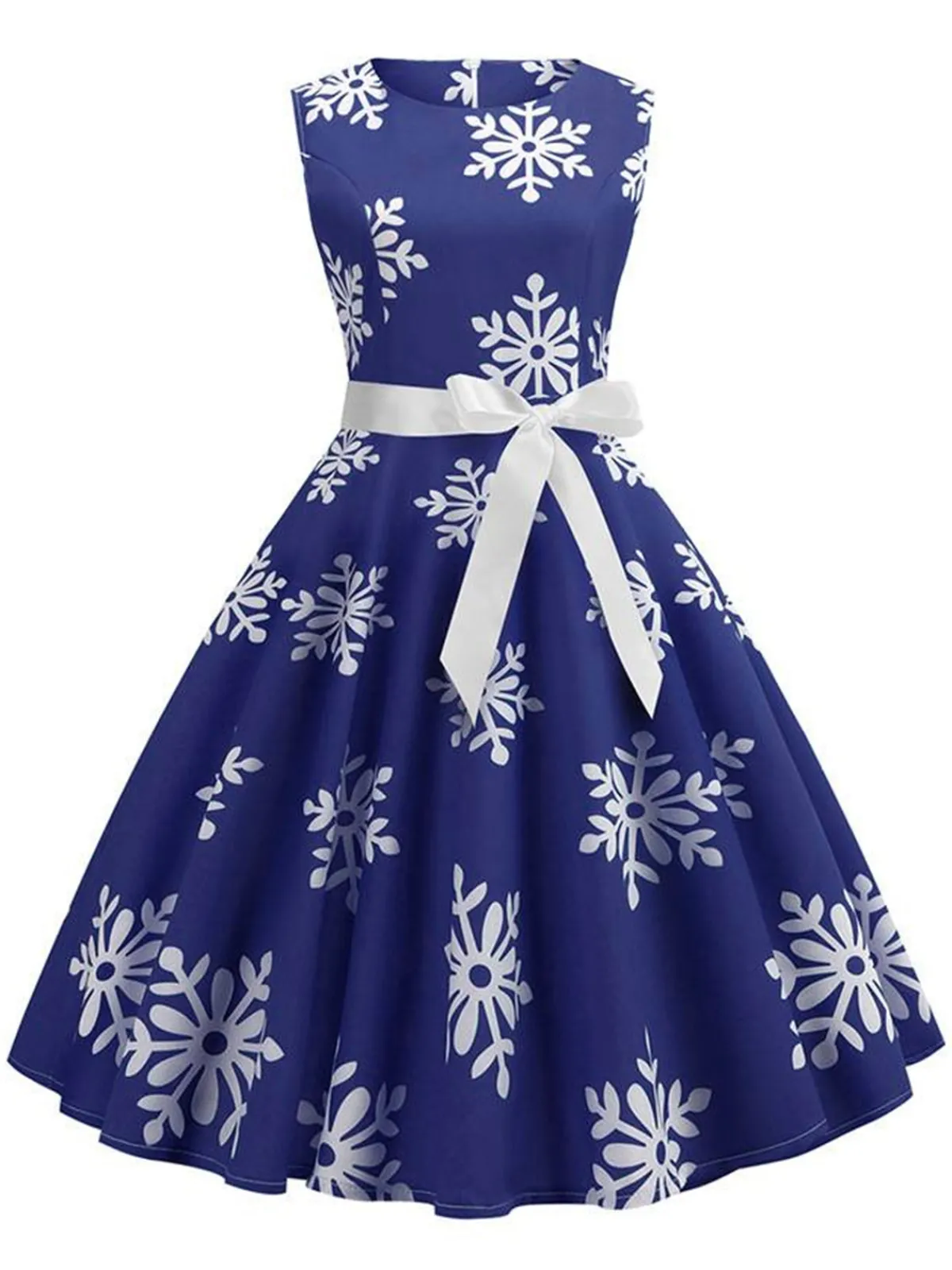 Sale Retro Stage 1950s Christmas Snowflake Sleeveless Belted Dress
