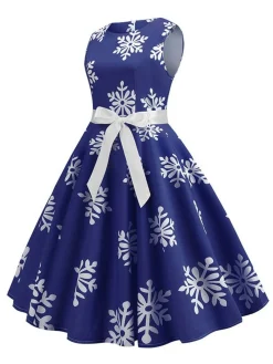 Sale Retro Stage 1950s Christmas Snowflake Sleeveless Belted Dress