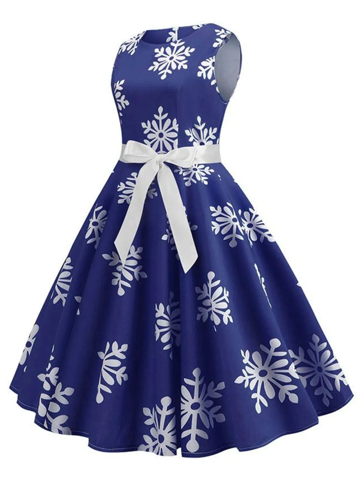 Sale Retro Stage 1950s Christmas Snowflake Sleeveless Belted Dress