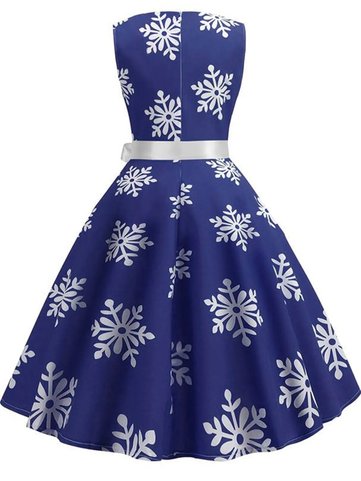 Sale Retro Stage 1950s Christmas Snowflake Sleeveless Belted Dress