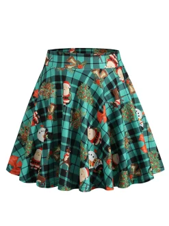 Best Retro Stage 1950s Christmas Snowman Plaid Swing Skirt