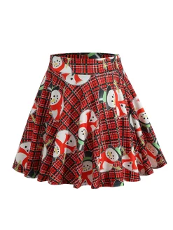 Best Retro Stage 1950s Christmas Snowman Plaid Swing Skirt