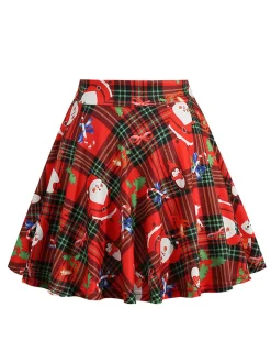 Best Retro Stage 1950s Christmas Snowman Plaid Swing Skirt