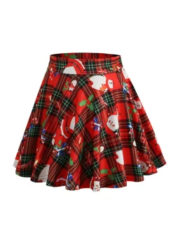 Best Retro Stage 1950s Christmas Snowman Plaid Swing Skirt
