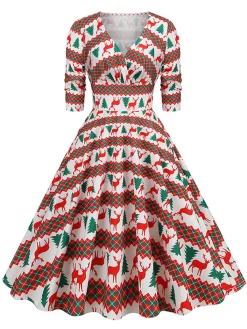 Clearance Retro Stage 1950s Christmas V-Neck Mid-Sleeve Dress