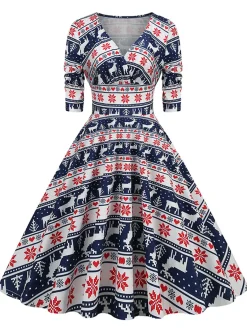 Clearance Retro Stage 1950s Christmas V-Neck Mid-Sleeve Dress