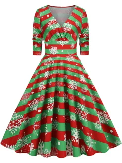 Clearance Retro Stage 1950s Christmas V-Neck Mid-Sleeve Dress