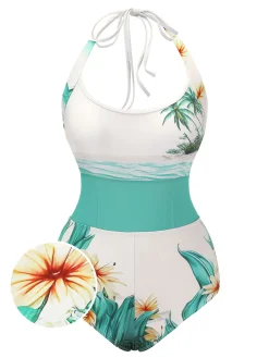 Online Retro Stage 1950s Coconut Tree & Beach Patchwork Swimsuit White
