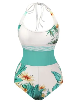 Online Retro Stage 1950s Coconut Tree & Beach Patchwork Swimsuit White