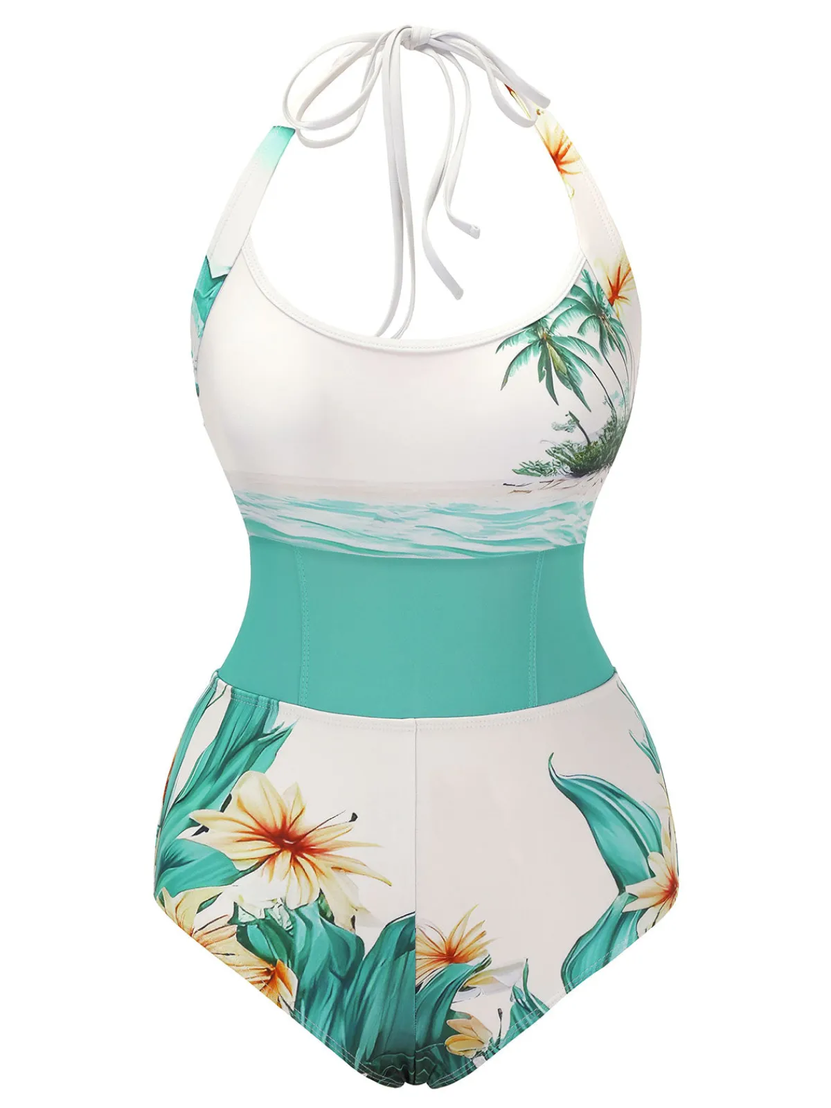 Online Retro Stage 1950s Coconut Tree & Beach Patchwork Swimsuit White