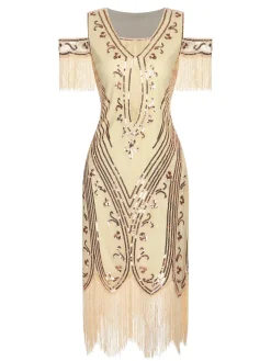 Best Retro Stage 1920s Cold Shoulder Embroidered Fringe Sequins Dress