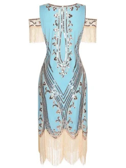 Best Retro Stage 1920s Cold Shoulder Embroidered Fringe Sequins Dress