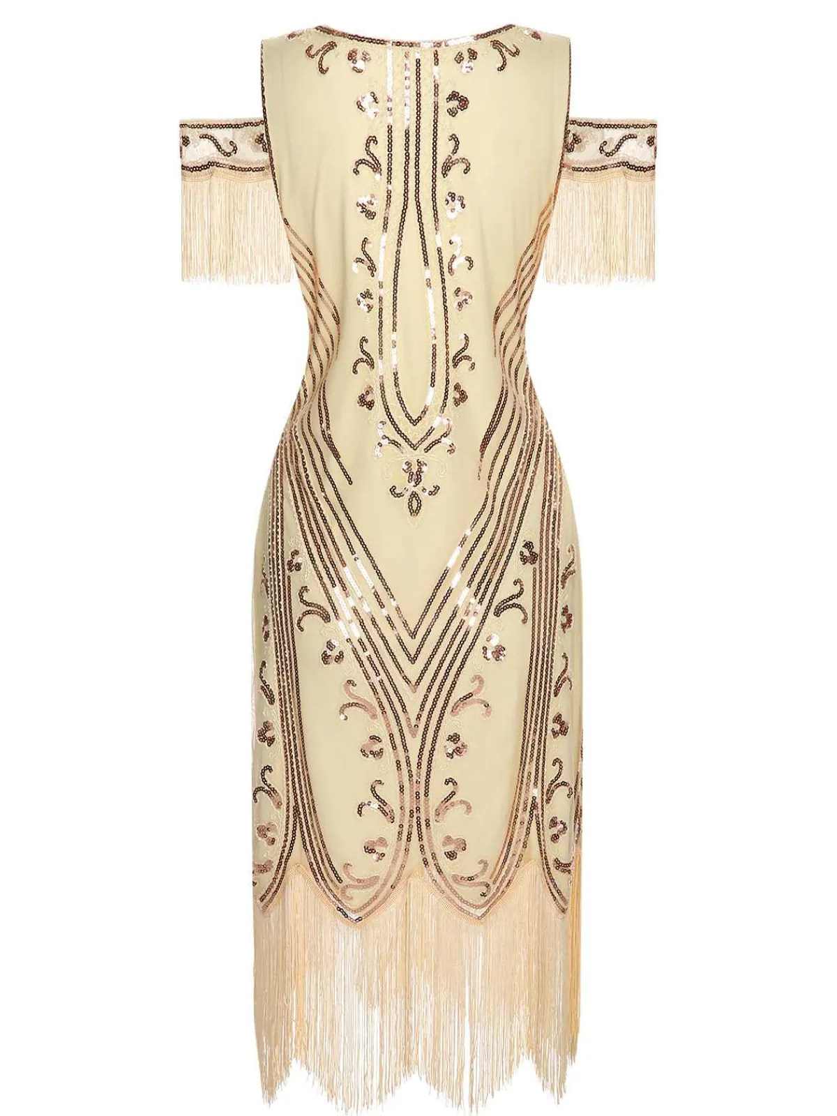Best Retro Stage 1920s Cold Shoulder Embroidered Fringe Sequins Dress