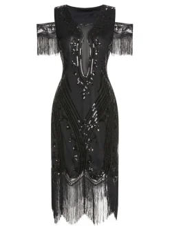Best Retro Stage 1920s Cold Shoulder Embroidered Fringe Sequins Dress