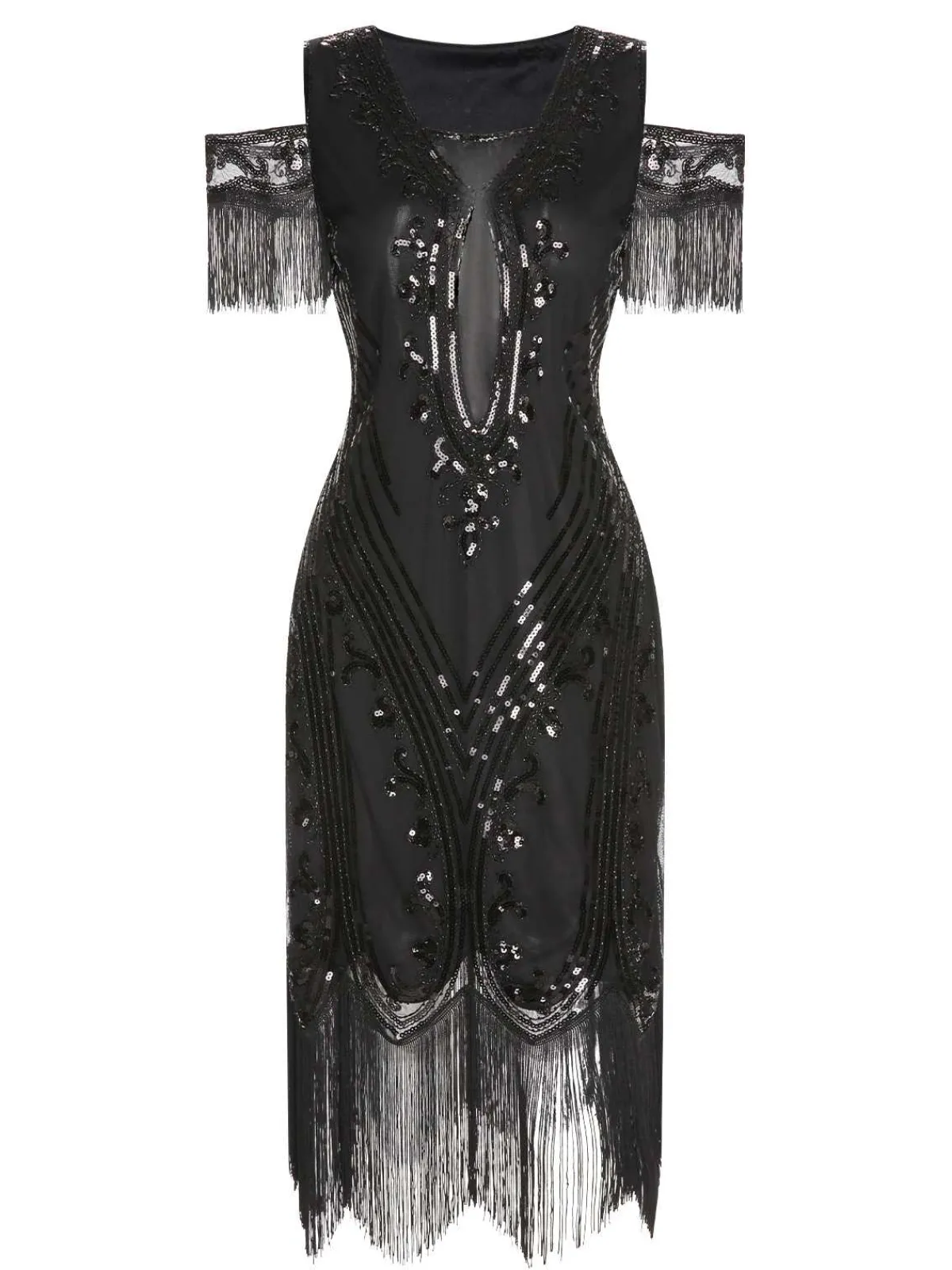 Best Retro Stage 1920s Cold Shoulder Embroidered Fringe Sequins Dress