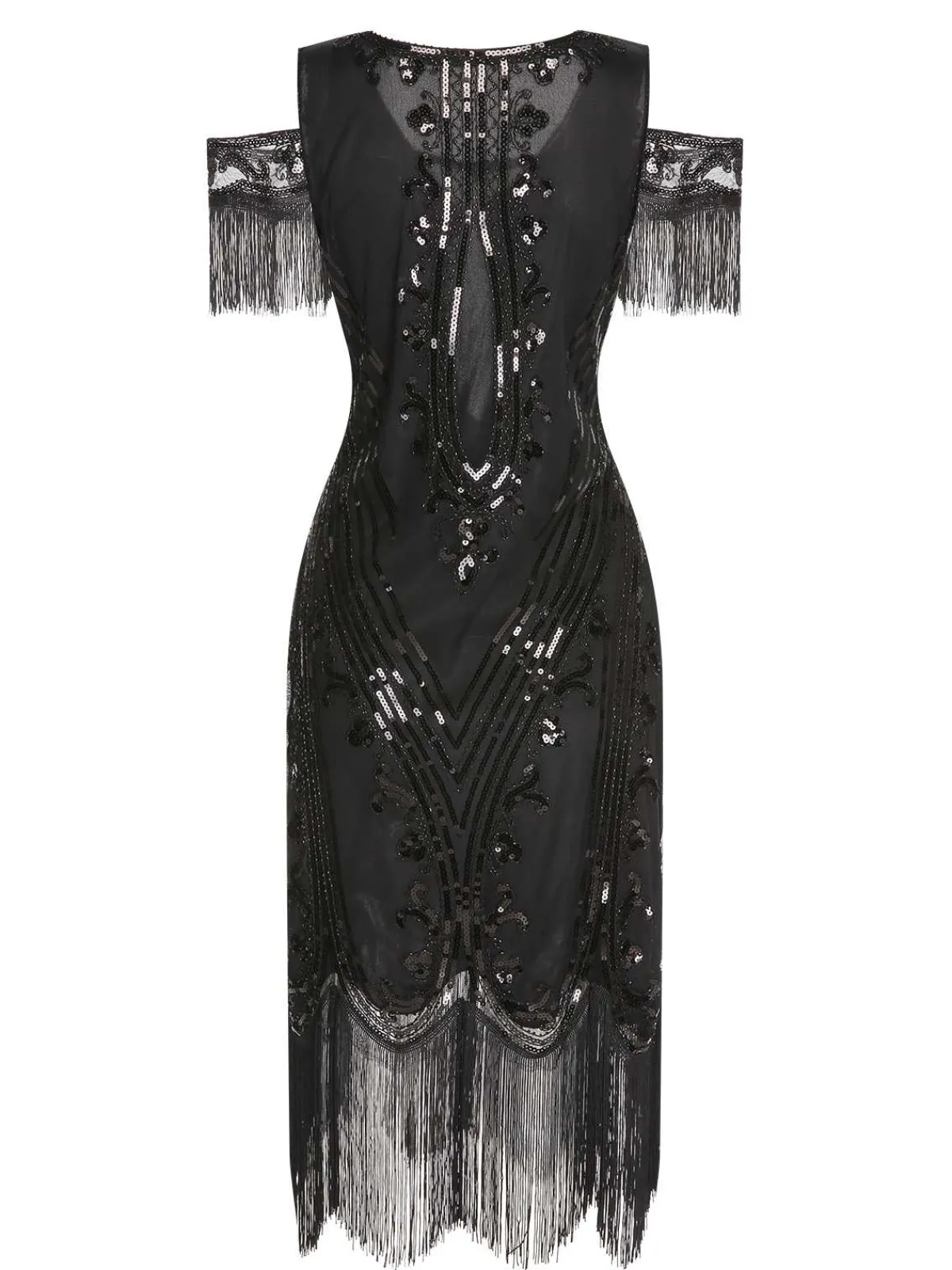 Best Retro Stage 1920s Cold Shoulder Embroidered Fringe Sequins Dress