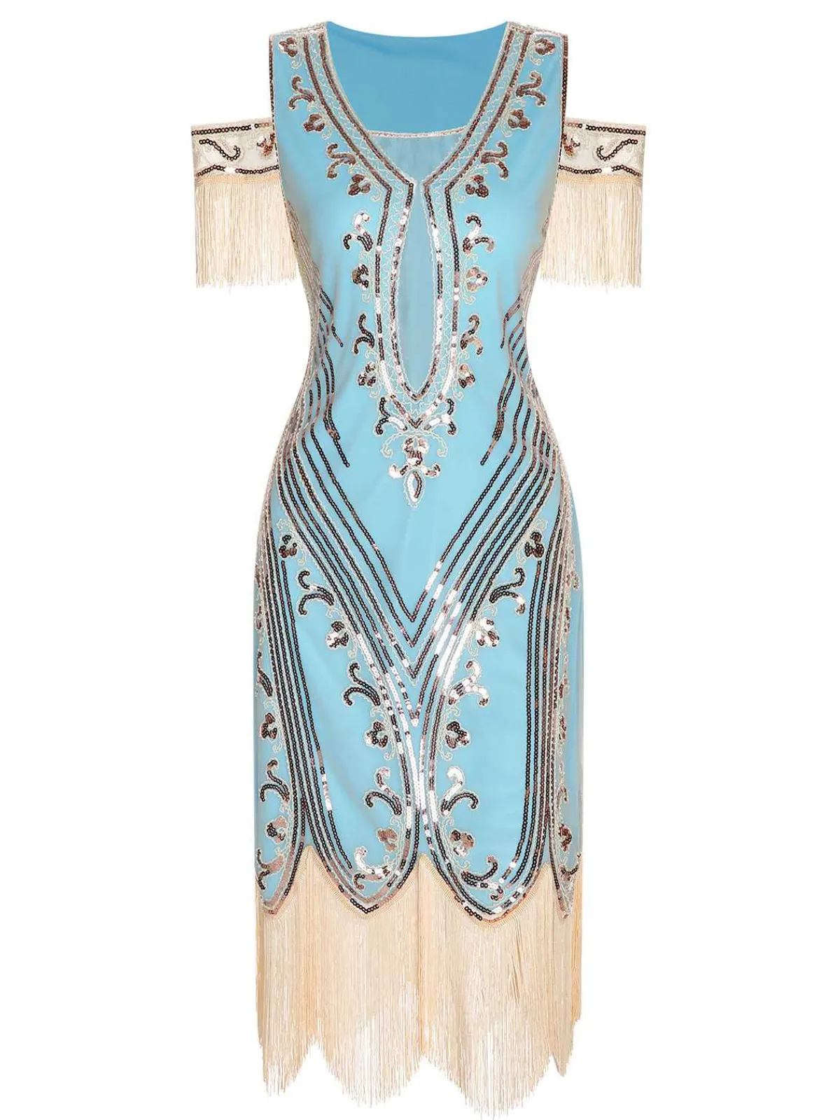 Best Retro Stage 1920s Cold Shoulder Embroidered Fringe Sequins Dress