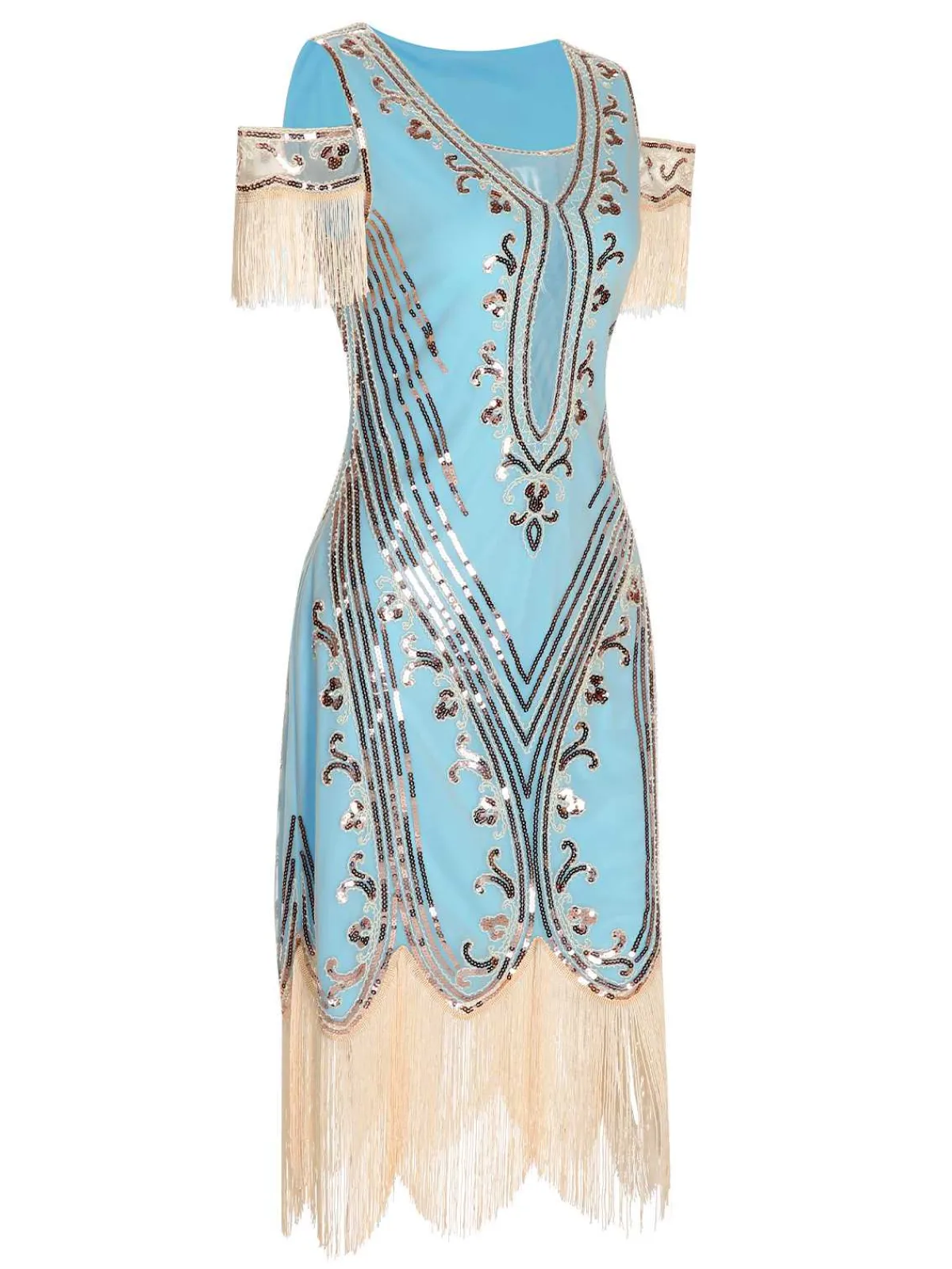 Best Retro Stage 1920s Cold Shoulder Embroidered Fringe Sequins Dress