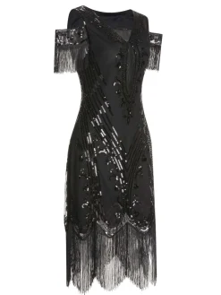 Fashion Retro Stage 1920s Cold Shoulder Embroidered Fringe Sequins Dress