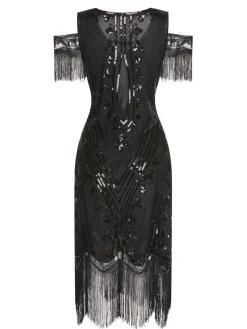 Fashion Retro Stage 1920s Cold Shoulder Embroidered Fringe Sequins Dress
