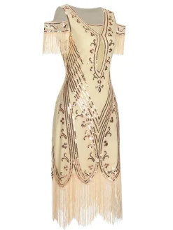 Fashion Retro Stage 1920s Cold Shoulder Embroidered Fringe Sequins Dress