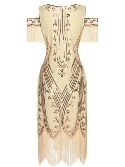 Fashion Retro Stage 1920s Cold Shoulder Embroidered Fringe Sequins Dress