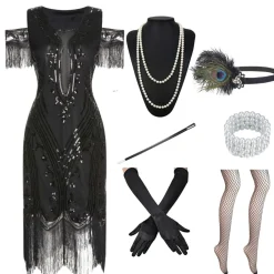 Fashion Retro Stage 1920s Cold Shoulder Embroidered Fringe Sequins Dress & 6PCS Accessories Black