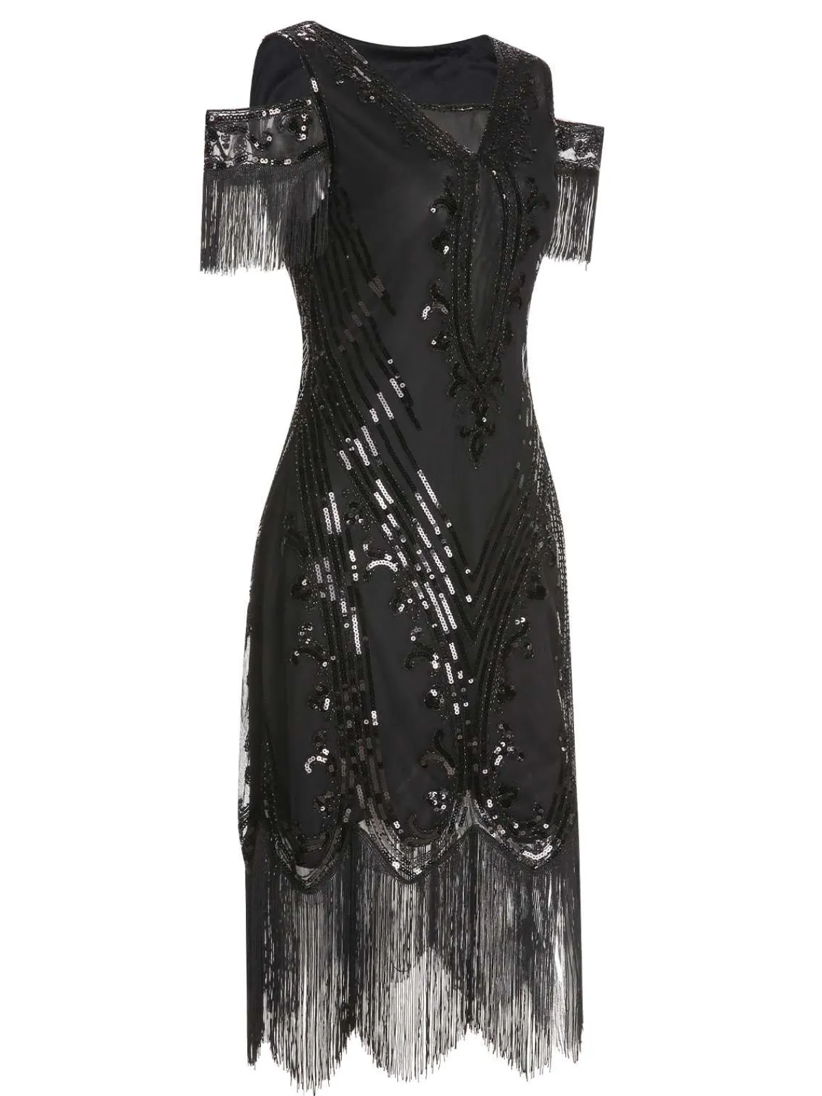 Fashion Retro Stage 1920s Cold Shoulder Embroidered Fringe Sequins Dress & 6PCS Accessories Black