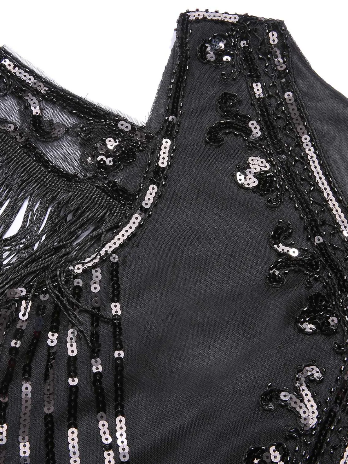 Fashion Retro Stage 1920s Cold Shoulder Embroidered Fringe Sequins Dress & 6PCS Accessories Black