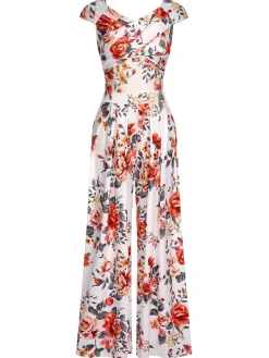 Clearance Retro Stage 1930s Cold Shoulder Floral Jumpsuit Multicolor