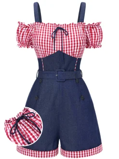 Sale Retro Stage 1950s Cold Shoulder Plaids Contrast Denim Romper Blue