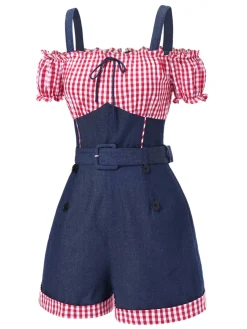 Sale Retro Stage 1950s Cold Shoulder Plaids Contrast Denim Romper Blue