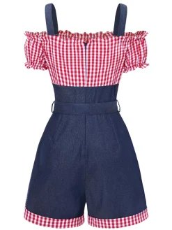 Sale Retro Stage 1950s Cold Shoulder Plaids Contrast Denim Romper Blue