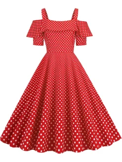 New Retro Stage 1950s Cold Shoulder Polka Dots Dress