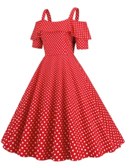 New Retro Stage 1950s Cold Shoulder Polka Dots Dress