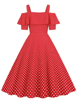 New Retro Stage 1950s Cold Shoulder Polka Dots Dress