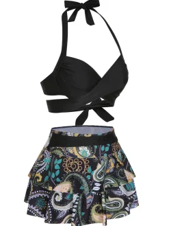 Clearance Retro Stage 1970s Color Block Floral Halter Swimsuit