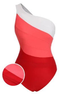 Online Retro Stage 1940s Color Block One Shoulder One-Piece Swimsuit