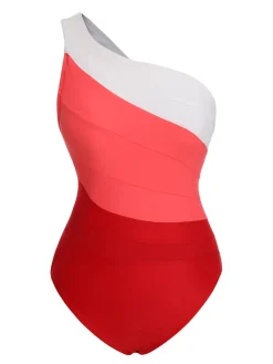 Online Retro Stage 1940s Color Block One Shoulder One-Piece Swimsuit